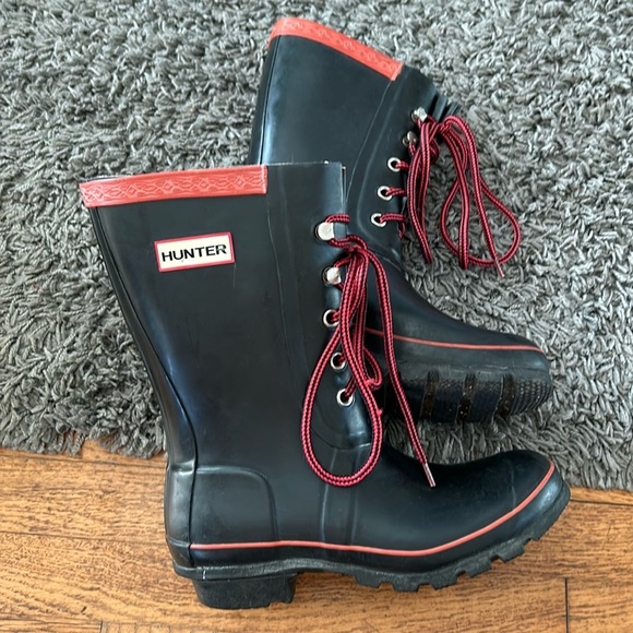 Hunter Rain Boot Festival Lace up Black Red Tie Short Mid Calf Size UK 4 - Picture 1 of 16